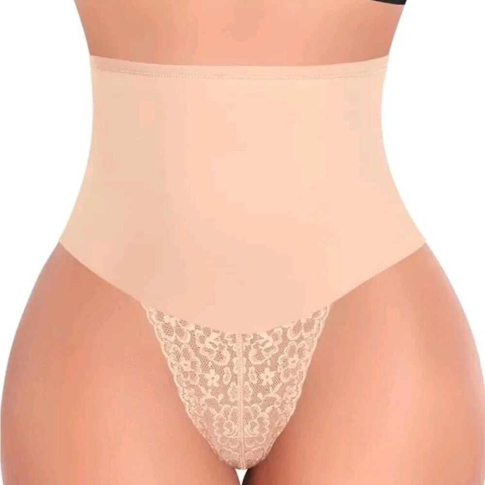 NWT Womens Lace Thong Shapewear Mid to High Waisted Shaper Thong Beige, Small